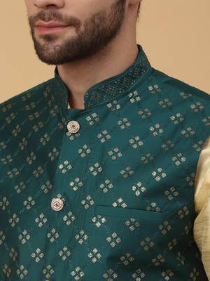 Men's Beige Kurta and Churidar With Jacquard Ethnic Nehru Jacket 2