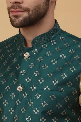 Men's Beige Kurta and Churidar With Jacquard Ethnic Nehru Jacket