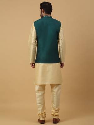 Men's Beige Kurta and Churidar With Jacquard Ethnic Nehru Jacket 3