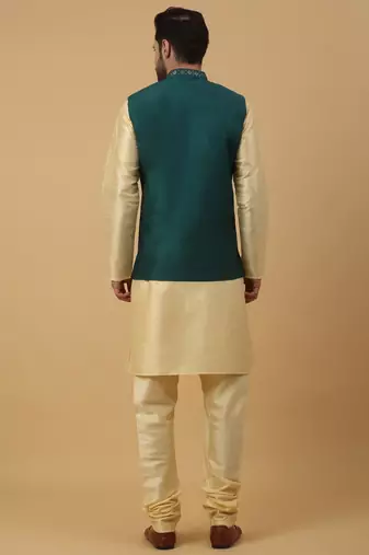 Men's Beige Kurta and Churidar With Jacquard Ethnic Nehru Jacket