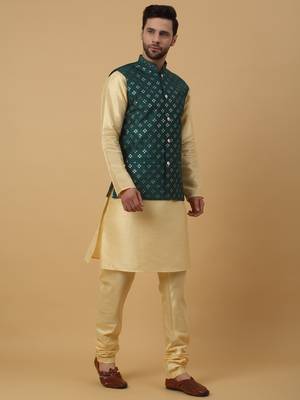 Men's Beige Kurta and Churidar With Jacquard Ethnic Nehru Jacket 6