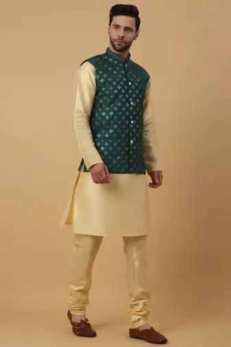 Men's Beige Kurta and Churidar With Jacquard Ethnic Nehru Jacket
