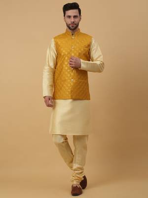 Men's Beige Kurta and Churidar With Jacquard Ethnic Nehru Jacket 1