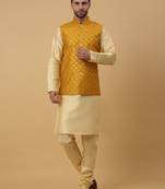 Men's Beige Kurta and Churidar With Jacquard Ethnic Nehru Jacket