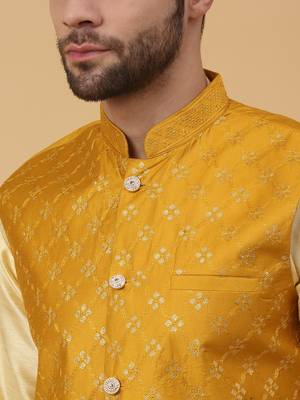 Men's Beige Kurta and Churidar With Jacquard Ethnic Nehru Jacket 2