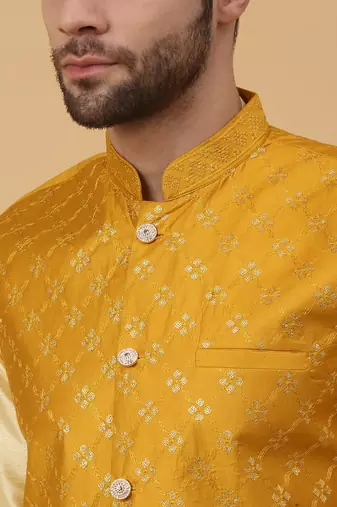 Men's Beige Kurta and Churidar With Jacquard Ethnic Nehru Jacket