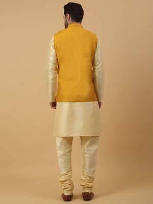 Men's Beige Kurta and Churidar With Jacquard Ethnic Nehru Jacket 3