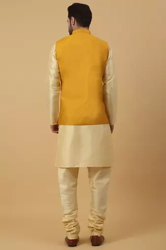 Men's Beige Kurta and Churidar With Jacquard Ethnic Nehru Jacket