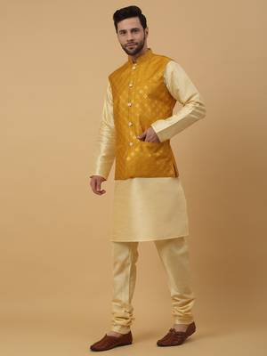 Men's Beige Kurta and Churidar With Jacquard Ethnic Nehru Jacket 6