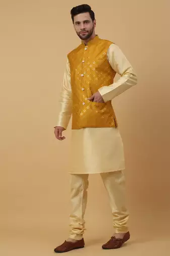Men's Beige Kurta and Churidar With Jacquard Ethnic Nehru Jacket