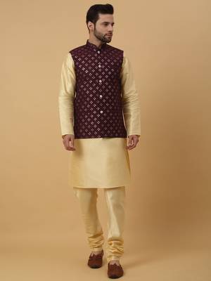 Men's Cream Kurta and Churidar With Jacquard Ethnic Nehru Jacket 1