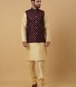 Men's Cream Kurta and Churidar With Jacquard Ethnic Nehru Jacket