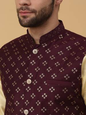 Men's Cream Kurta and Churidar With Jacquard Ethnic Nehru Jacket 2