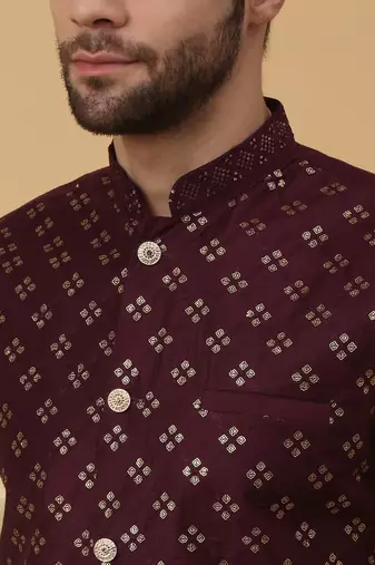Men's Cream Kurta and Churidar With Jacquard Ethnic Nehru Jacket