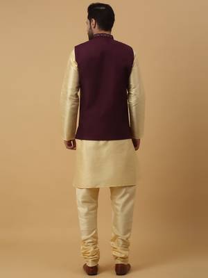 Men's Cream Kurta and Churidar With Jacquard Ethnic Nehru Jacket 3