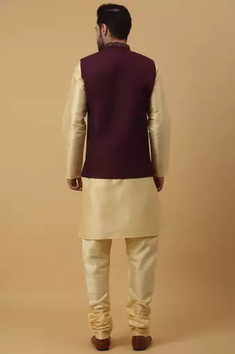Men's Cream Kurta and Churidar With Jacquard Ethnic Nehru Jacket