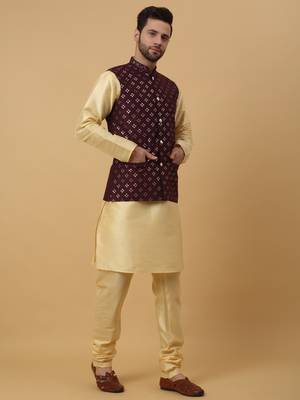 Men's Cream Kurta and Churidar With Jacquard Ethnic Nehru Jacket 6