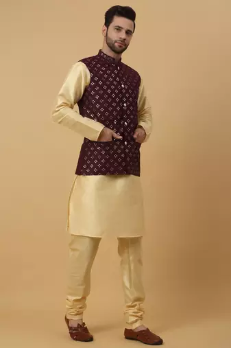 Men's Cream Kurta and Churidar With Jacquard Ethnic Nehru Jacket