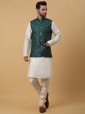 Men's Navy Blue Kurta and Churidar With Jacquard Ethnic Nehru Jacket 1