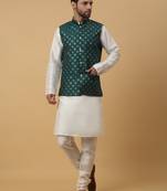 Men's Navy Blue Kurta and Churidar With Jacquard Ethnic Nehru Jacket