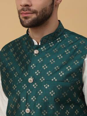 Men's Navy Blue Kurta and Churidar With Jacquard Ethnic Nehru Jacket 2