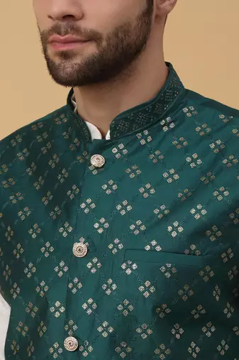 Men's Navy Blue Kurta and Churidar With Jacquard Ethnic Nehru Jacket