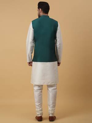 Men's Navy Blue Kurta and Churidar With Jacquard Ethnic Nehru Jacket 3