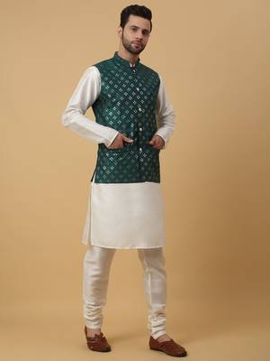 Men's Navy Blue Kurta and Churidar With Jacquard Ethnic Nehru Jacket 6