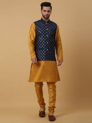 Men's Yellow Kurta and Churidar With Jacquard Ethnic Nehru Jacket 1