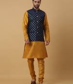 Men's Yellow Kurta and Churidar With Jacquard Ethnic Nehru Jacket