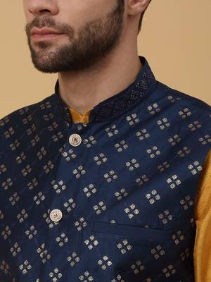 Men's Yellow Kurta and Churidar With Jacquard Ethnic Nehru Jacket 2