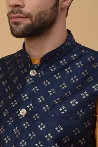 Men's Yellow Kurta and Churidar With Jacquard Ethnic Nehru Jacket