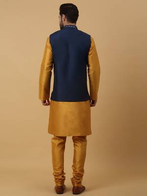 Men's Yellow Kurta and Churidar With Jacquard Ethnic Nehru Jacket 3