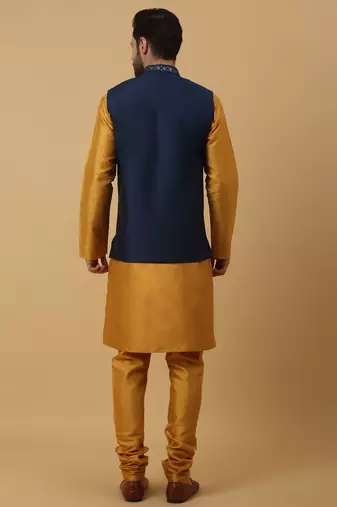 Men's Yellow Kurta and Churidar With Jacquard Ethnic Nehru Jacket