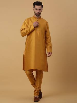 Men's Yellow Kurta and Churidar With Jacquard Ethnic Nehru Jacket 4