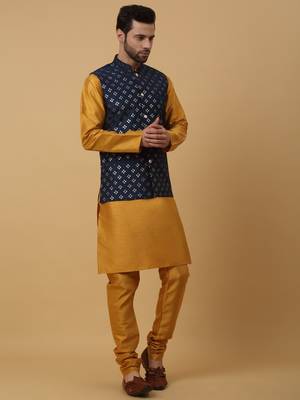 Men's Yellow Kurta and Churidar With Jacquard Ethnic Nehru Jacket 6