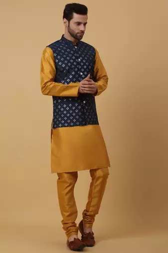 Men's Yellow Kurta and Churidar With Jacquard Ethnic Nehru Jacket