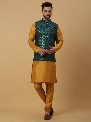 Men's Yellow Kurta and Churidar With Jacquard Ethnic Nehru Jacket 1