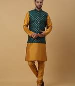 Men's Yellow Kurta and Churidar With Jacquard Ethnic Nehru Jacket