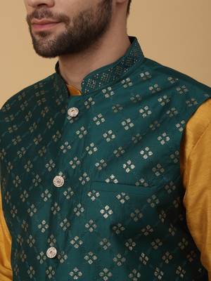Men's Yellow Kurta and Churidar With Jacquard Ethnic Nehru Jacket 2
