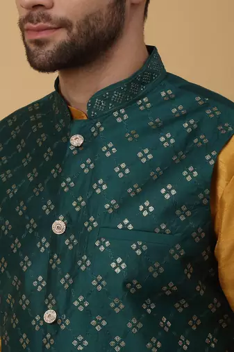 Men's Yellow Kurta and Churidar With Jacquard Ethnic Nehru Jacket