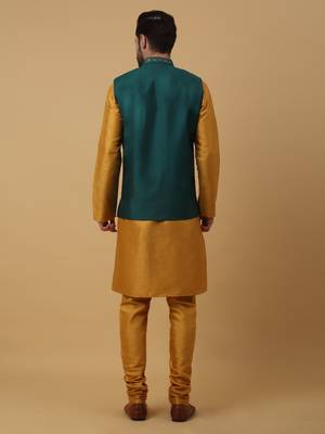 Men's Yellow Kurta and Churidar With Jacquard Ethnic Nehru Jacket 3