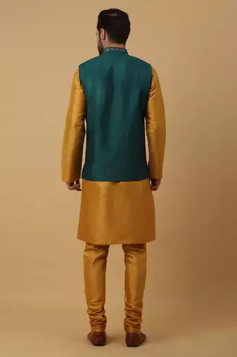 Men's Yellow Kurta and Churidar With Jacquard Ethnic Nehru Jacket