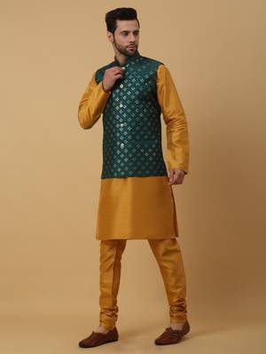 Men's Yellow Kurta and Churidar With Jacquard Ethnic Nehru Jacket 6