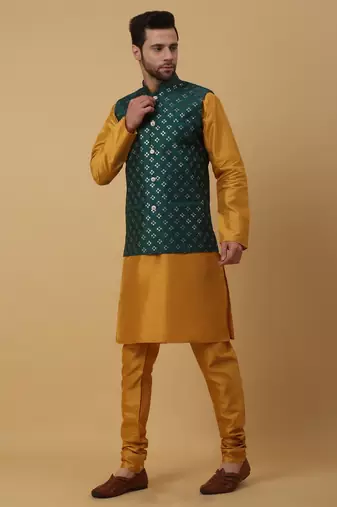 Men's Yellow Kurta and Churidar With Jacquard Ethnic Nehru Jacket