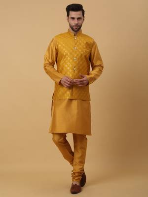 Men's Yellow Kurta and Churidar With Jacquard Ethnic Nehru Jacket 1