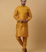 Men's Yellow Kurta and Churidar With Jacquard Ethnic Nehru Jacket