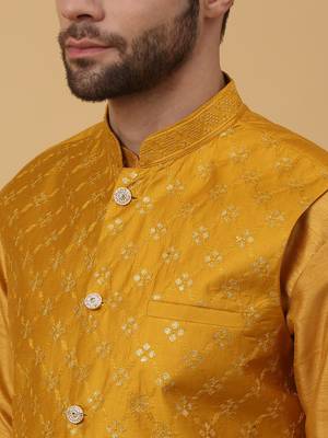 Men's Yellow Kurta and Churidar With Jacquard Ethnic Nehru Jacket 2