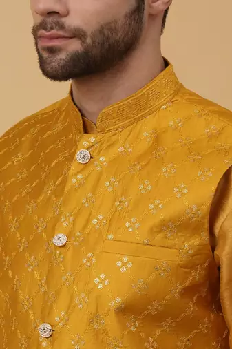 Men's Yellow Kurta and Churidar With Jacquard Ethnic Nehru Jacket