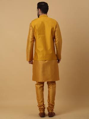 Men's Yellow Kurta and Churidar With Jacquard Ethnic Nehru Jacket 3